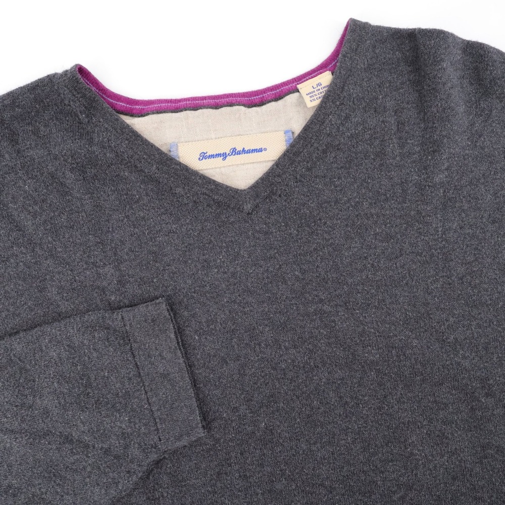 Tommy Bahama Cotton Cashmere Blend V-Neck Sweater Grey Long Sleeve Mens Large